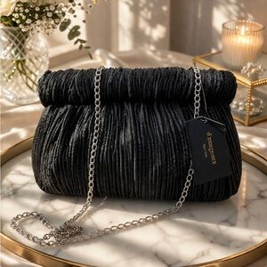 D'margeaux Black Pleated Evening Clutch with Silver Chain